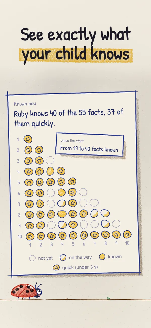 The fact map: a triangle of spots for the 55 facts, most of them coloured in, with a line saying how many facts the child knows and how many of them quickly.