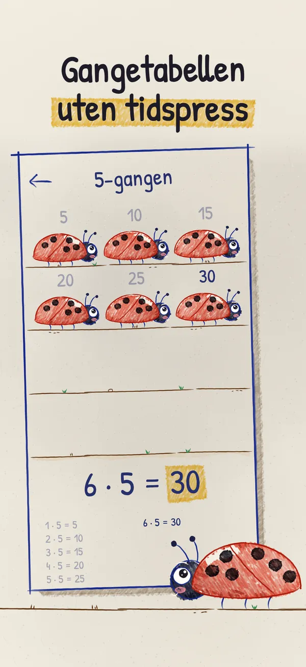 En leksjon i Spots: 5-gangen tegnet som marihøner med fem prikker hver, og 6 · 5 = 30.