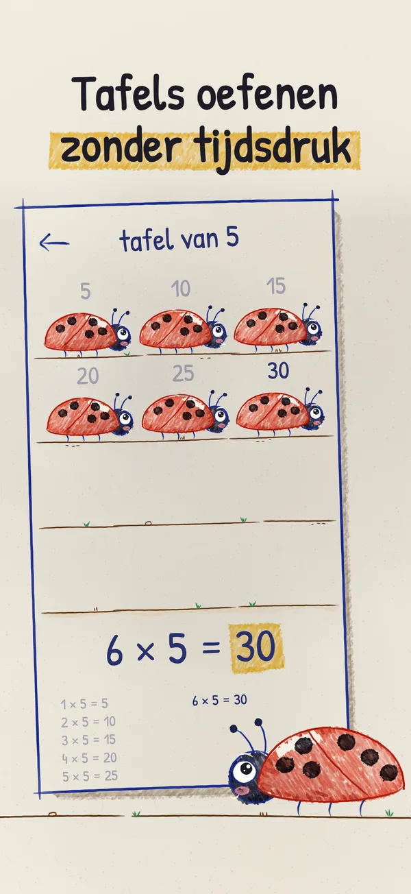 Een les in Spots: de tafel van 5 getekend als lieveheersbeestjes met elk vijf stippen, en 6 × 5 = 30.