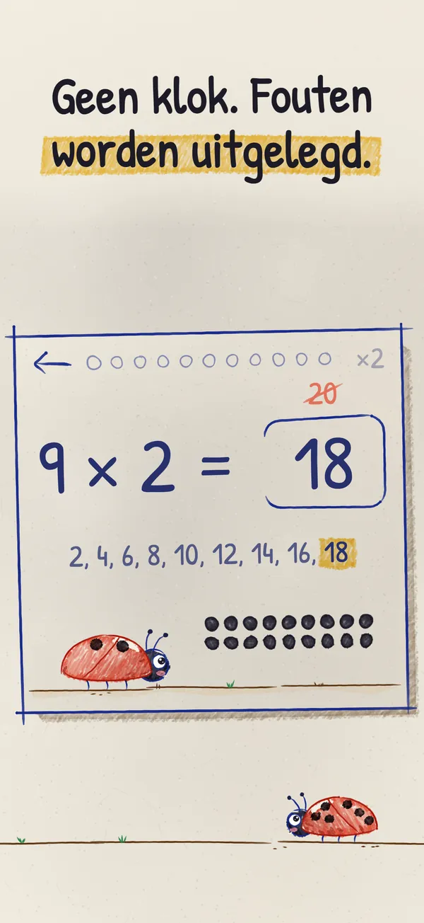 Een oefensom, 9 × 2, waarbij het foute antwoord 20 is doorgestreept en het tellen 2, 4, 6 tot 18 wordt getoond.